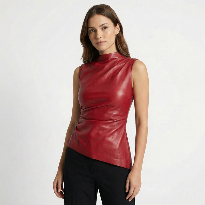 Faux Leather Mock Neck Top - Sleeveless Ruched