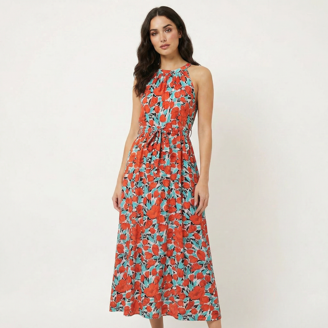 Paisley Midi Dress - Halter Neck Tie Waist