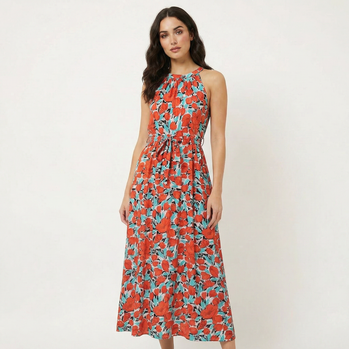 Paisley Midi Dress - Halter Neck Tie Waist