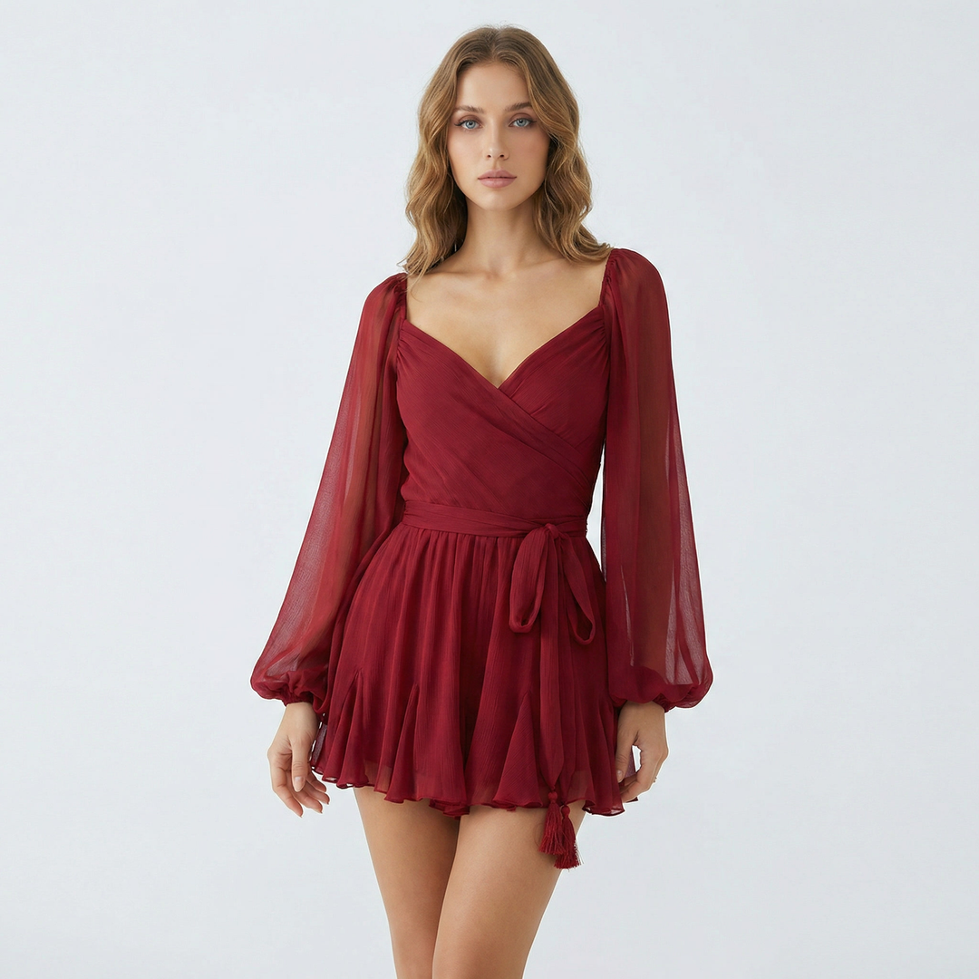 Chiffon Mini Dress - V Neck Long Sleeve Tie Waist