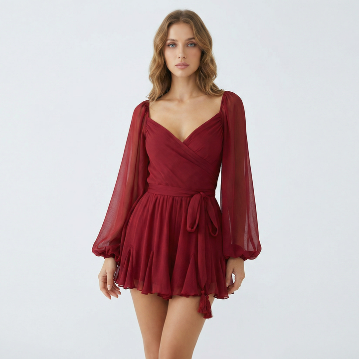 Chiffon Mini Dress - V Neck Long Sleeve Tie Waist