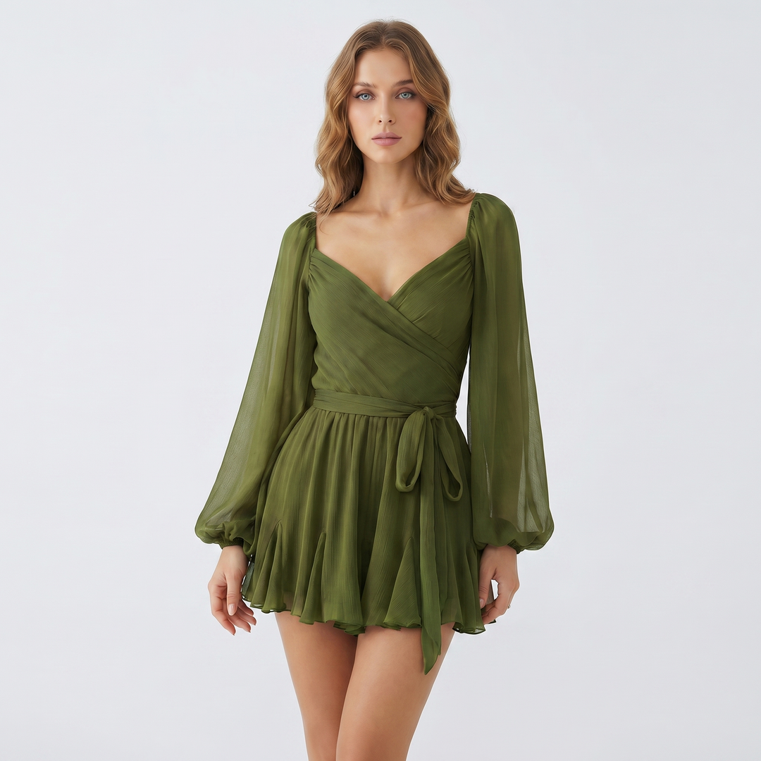 Chiffon Mini Dress - V Neck Long Sleeve Tie Waist