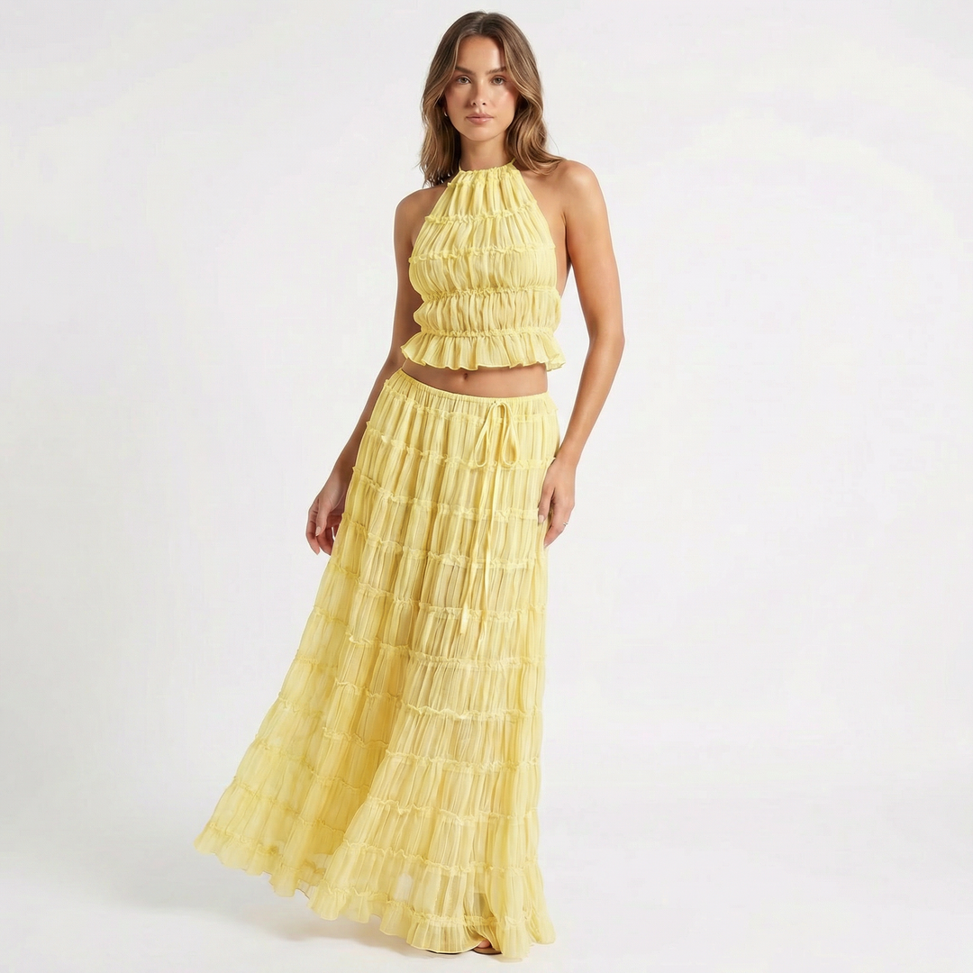 Two Piece Set - Halter Crop Top Tiered Maxi Skirt