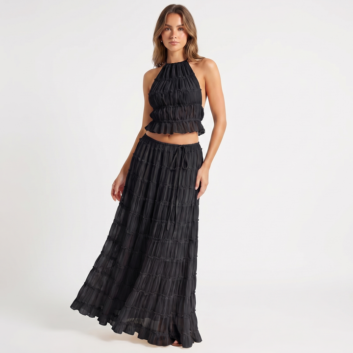 Two Piece Set - Halter Crop Top Tiered Maxi Skirt