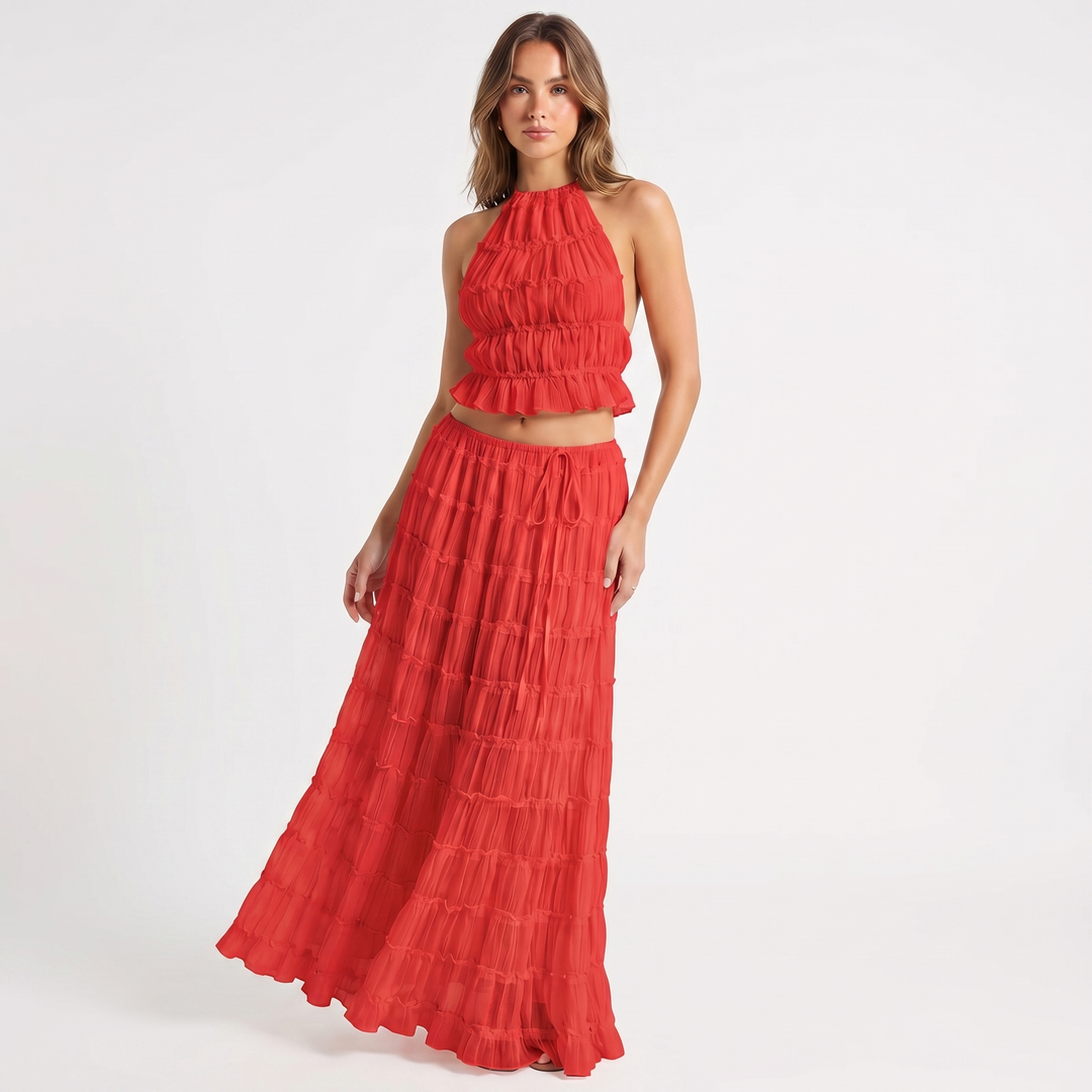 Two Piece Set - Halter Crop Top Tiered Maxi Skirt