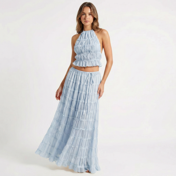 Two Piece Set - Halter Crop Top Tiered Maxi Skirt