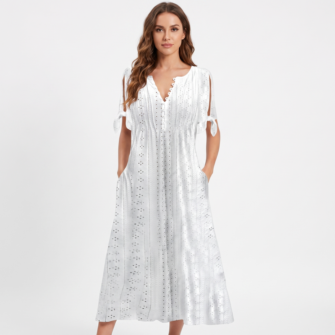 Eyelet Midi Dress - V Neck Button Front Tie Sleeve