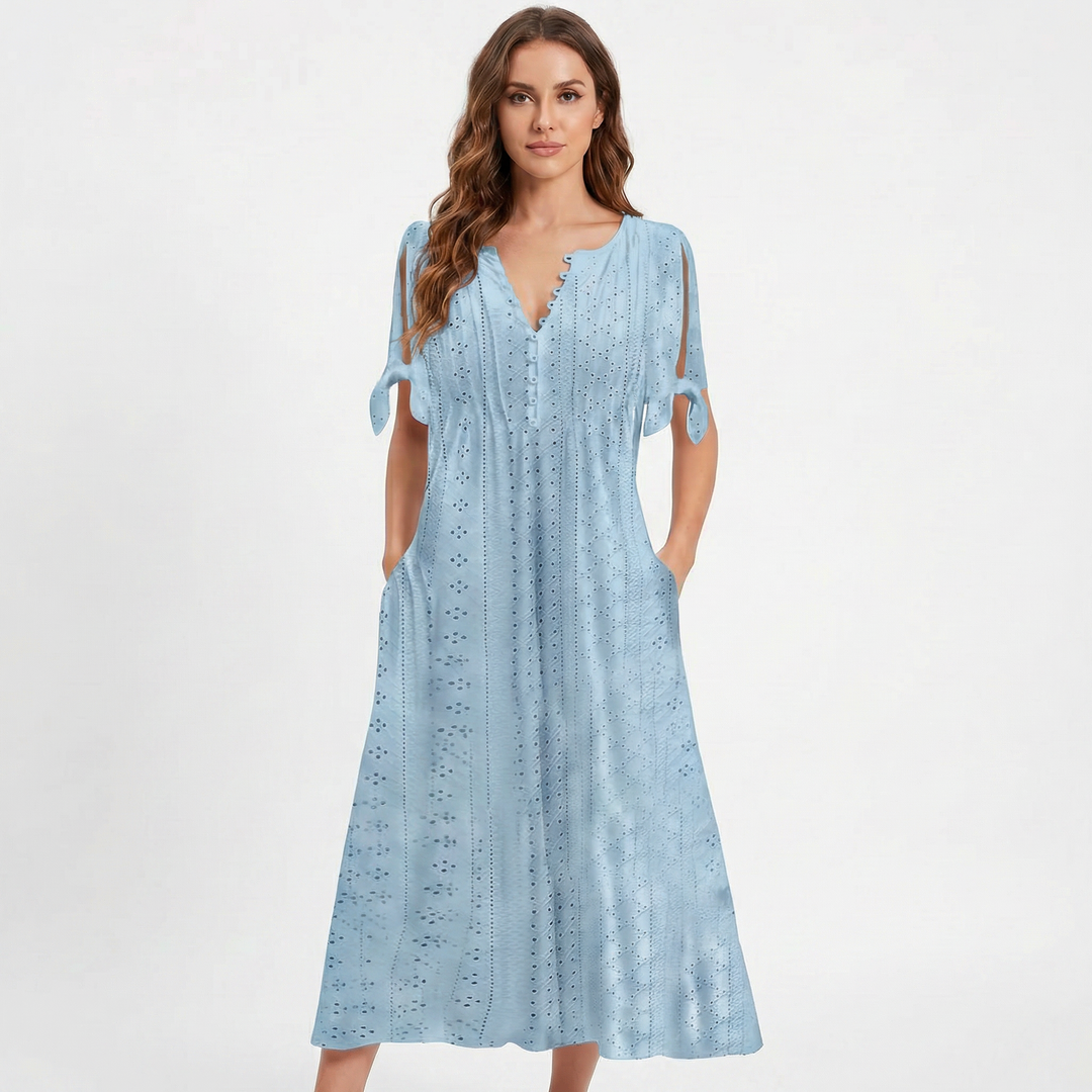 Eyelet Midi Dress - V Neck Button Front Tie Sleeve