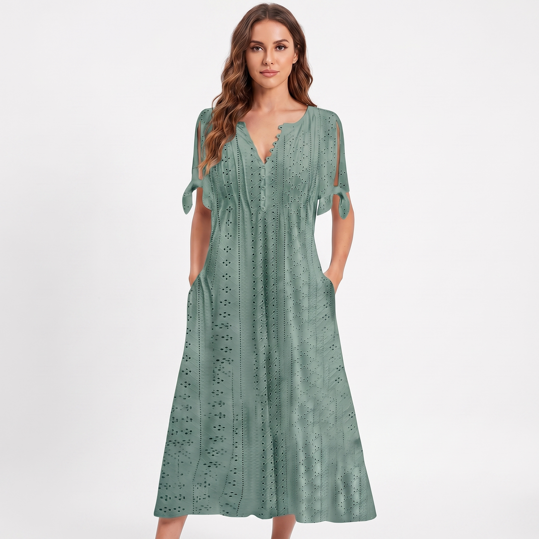 Eyelet Midi Dress - V Neck Button Front Tie Sleeve