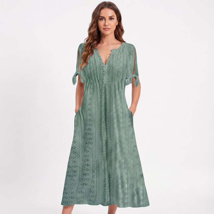 Eyelet Midi Dress - V Neck Button Front Tie Sleeve