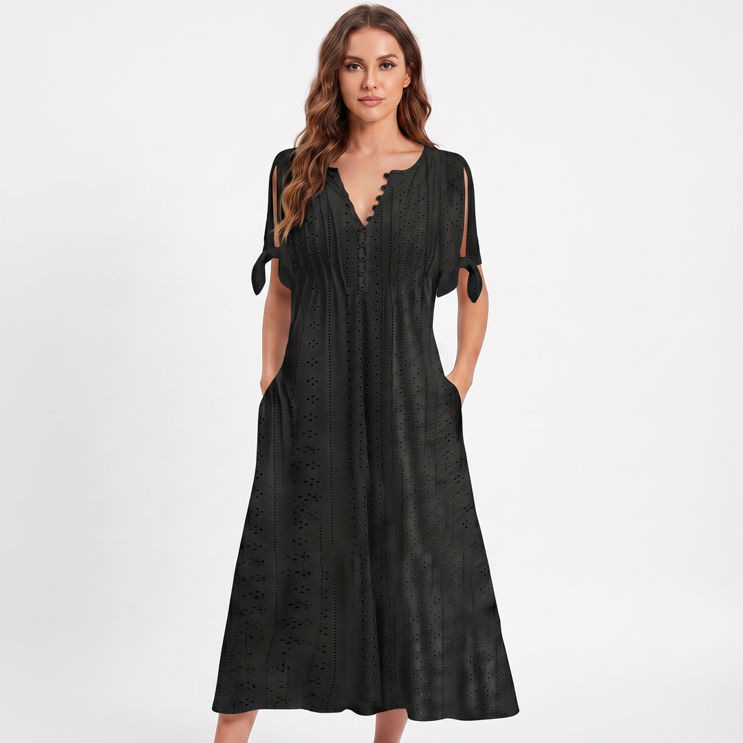 Eyelet Midi Dress - V Neck Button Front Tie Sleeve