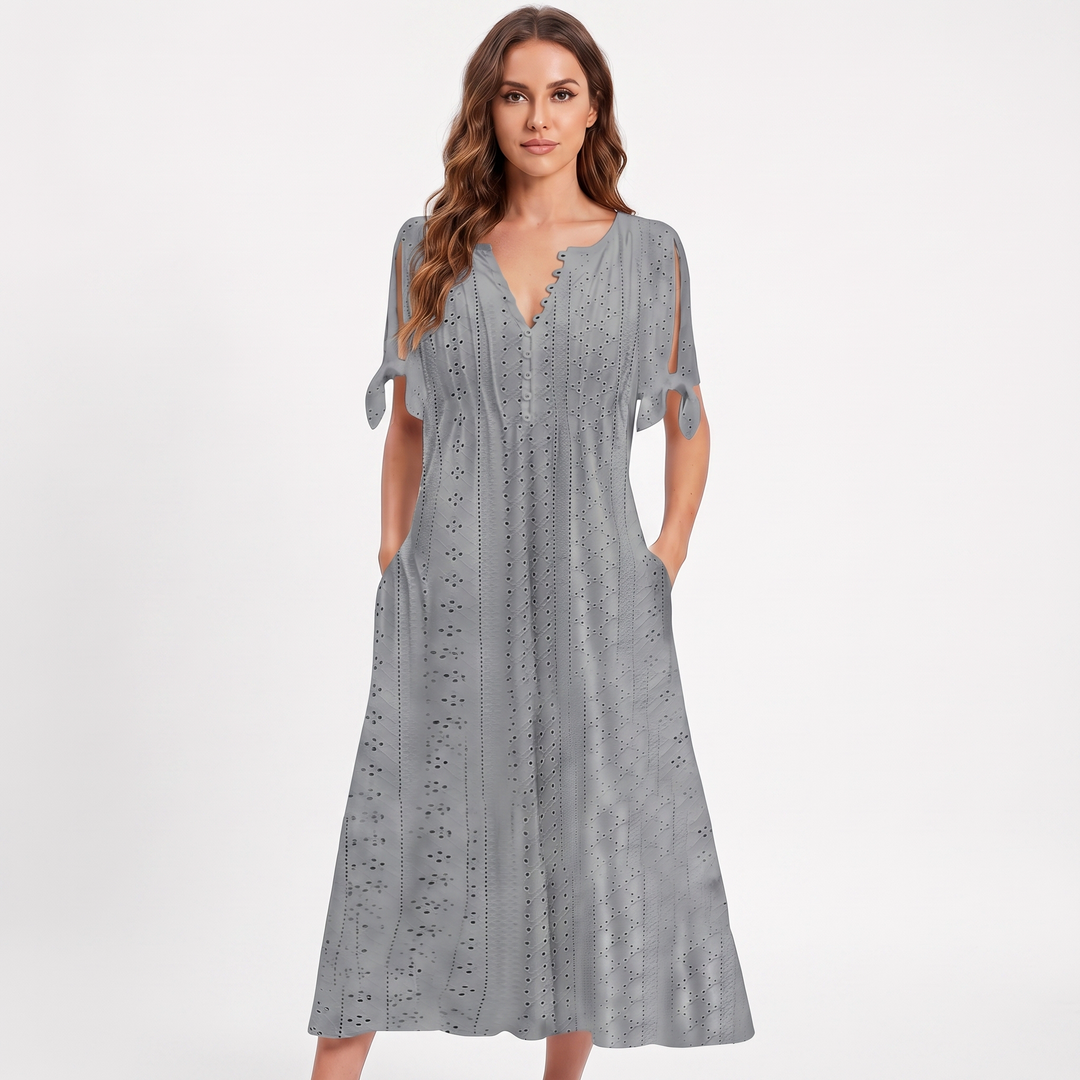 Eyelet Midi Dress - V Neck Button Front Tie Sleeve