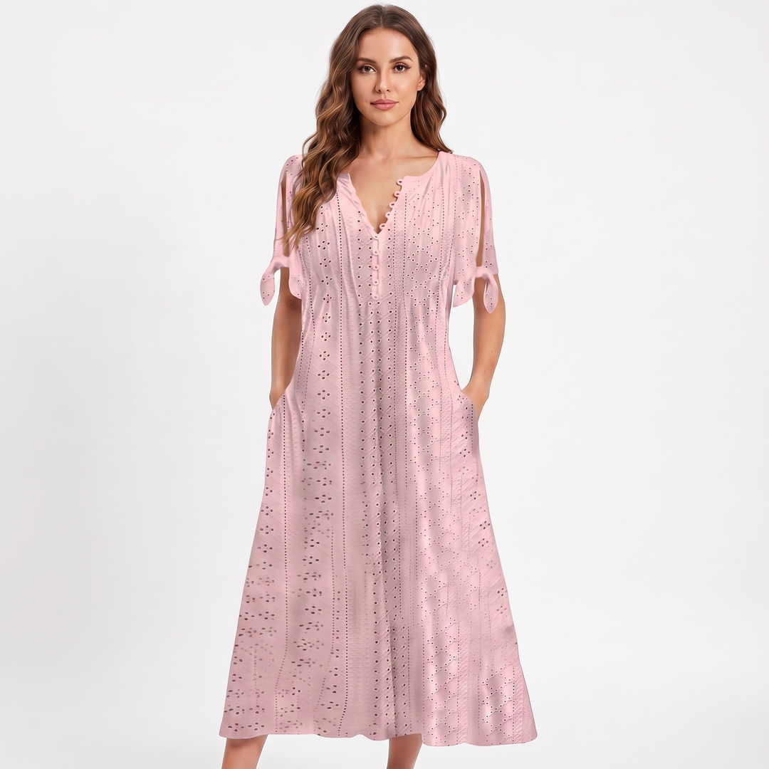 Eyelet Midi Dress - V Neck Button Front Tie Sleeve