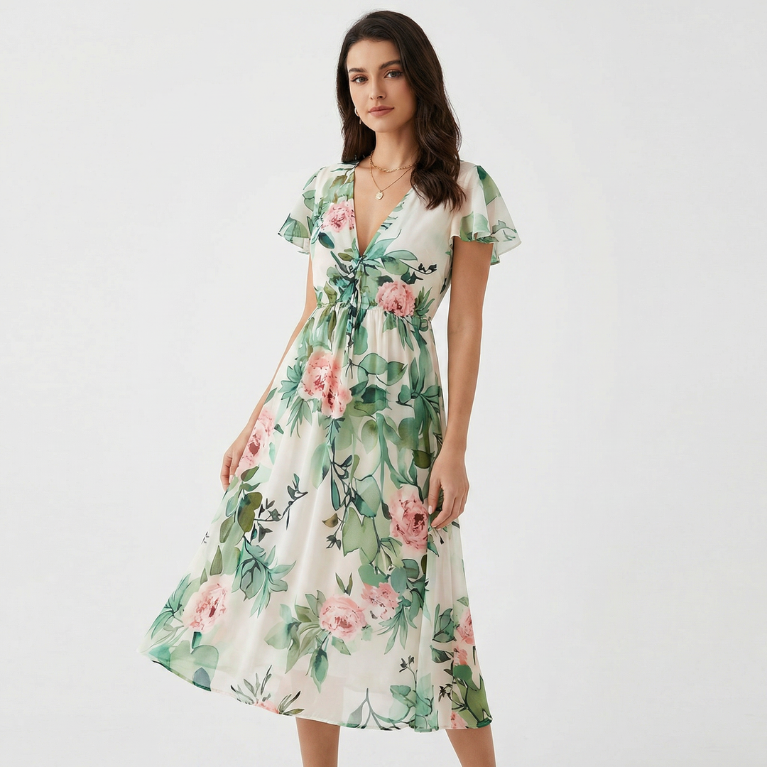 Floral Midi Dress - V Neck Flutter Sleeve Tie Front