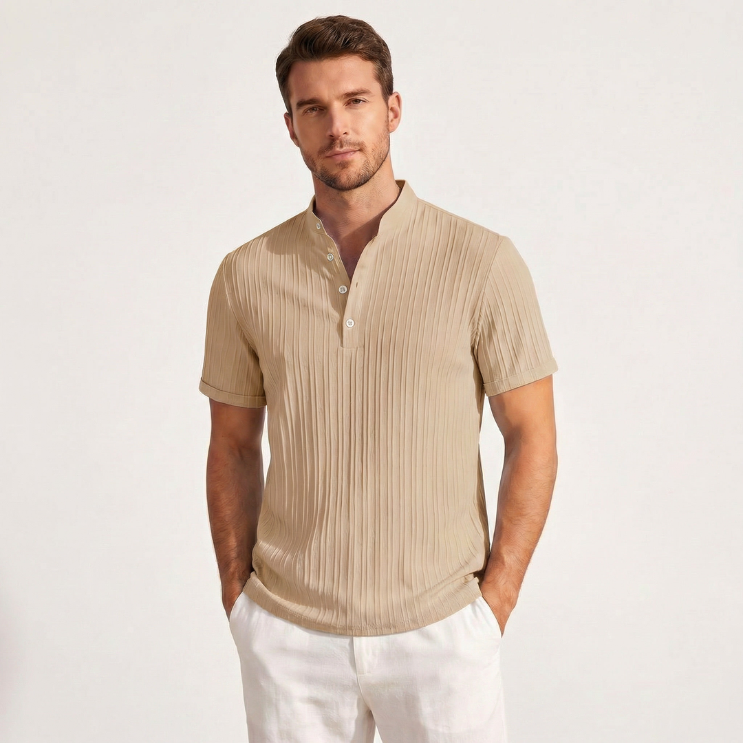 Men's Henley Shirt - Short Sleeve Ribbed Mandarin Collar