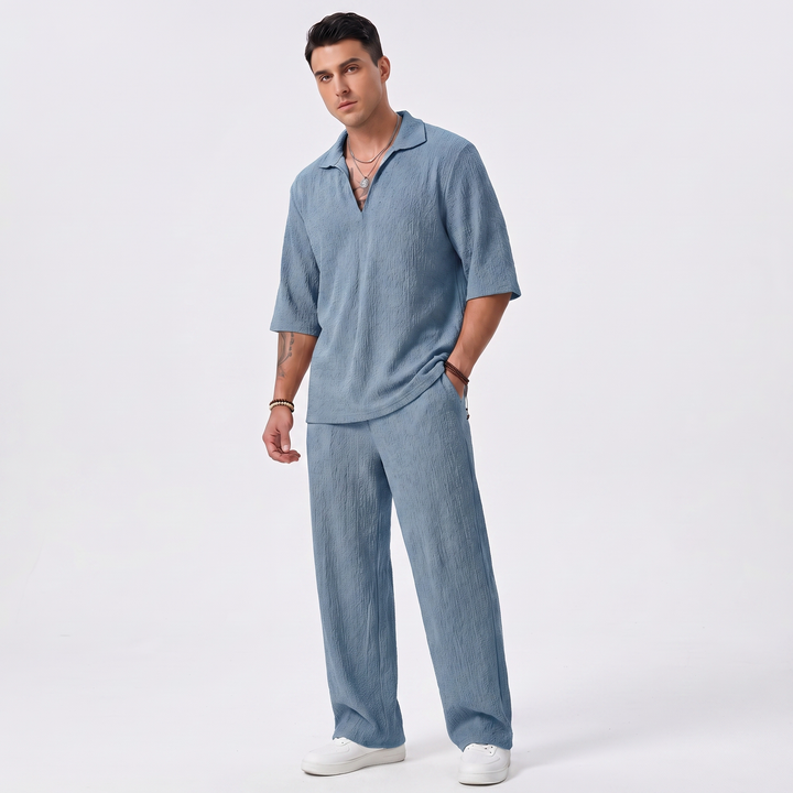 Men's Co Ord Set - Textured Polo Shirt Wide Leg Pants