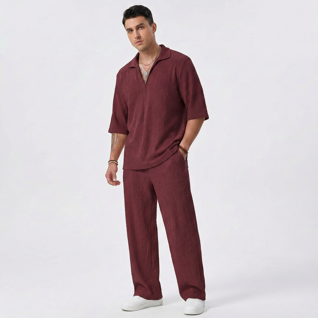Men's Co Ord Set - Textured Polo Shirt Wide Leg Pants