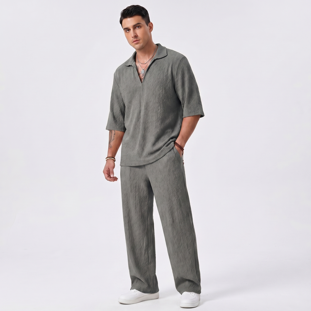 Men's Co Ord Set - Textured Polo Shirt Wide Leg Pants