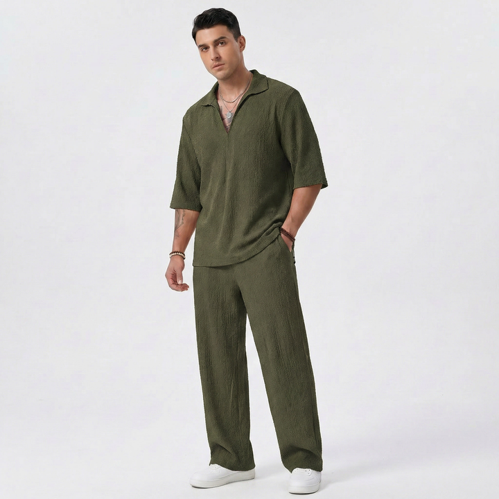 Men's Co Ord Set - Textured Polo Shirt Wide Leg Pants