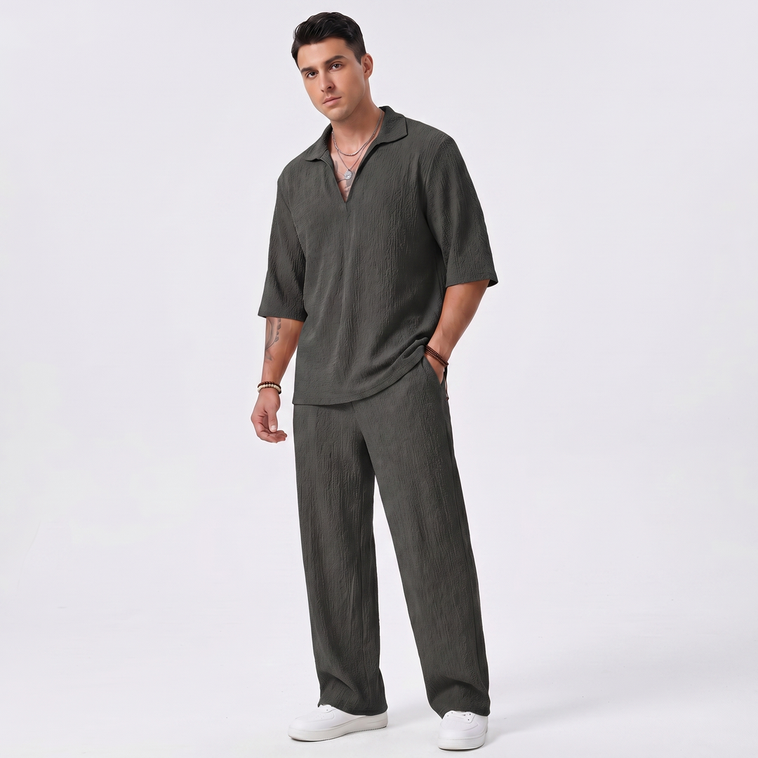 Men's Co Ord Set - Textured Polo Shirt Wide Leg Pants