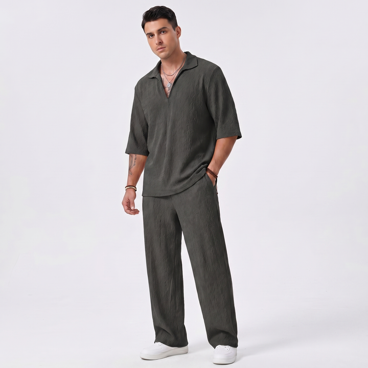 Men's Co Ord Set - Textured Polo Shirt Wide Leg Pants