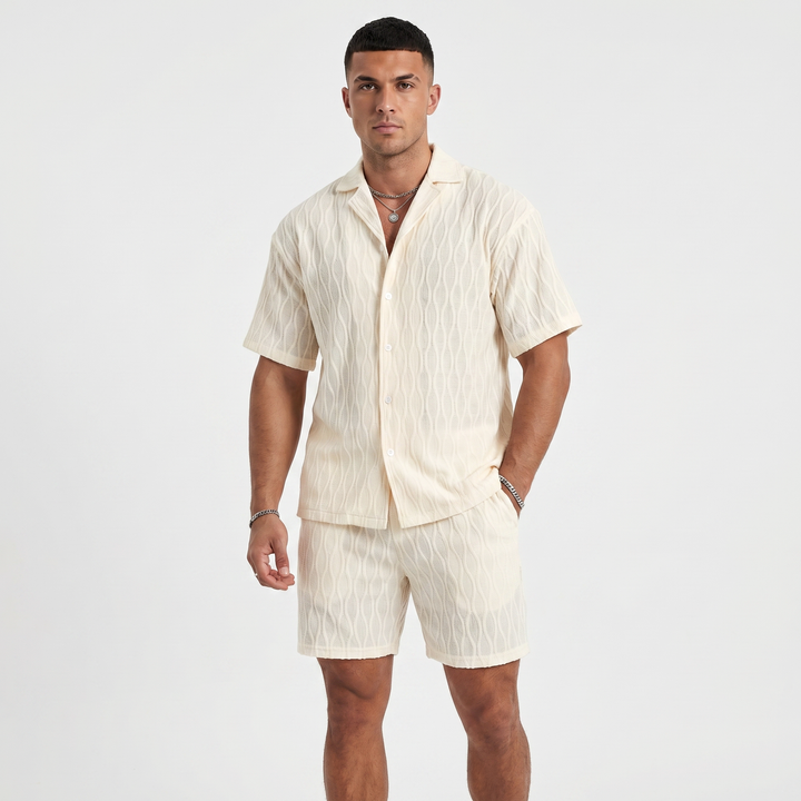Men's Textured Co Ord Set - Revere Collar Shirt Shorts