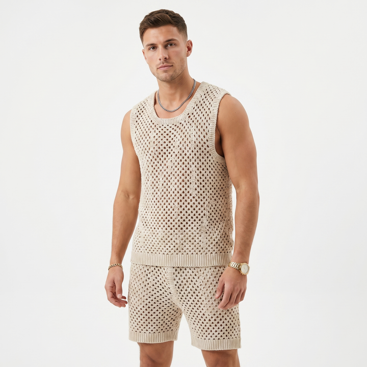 Men's Crochet Co Ord Set - Open Knit Tank Shorts