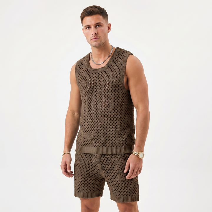 Men's Crochet Co Ord Set - Open Knit Tank Shorts