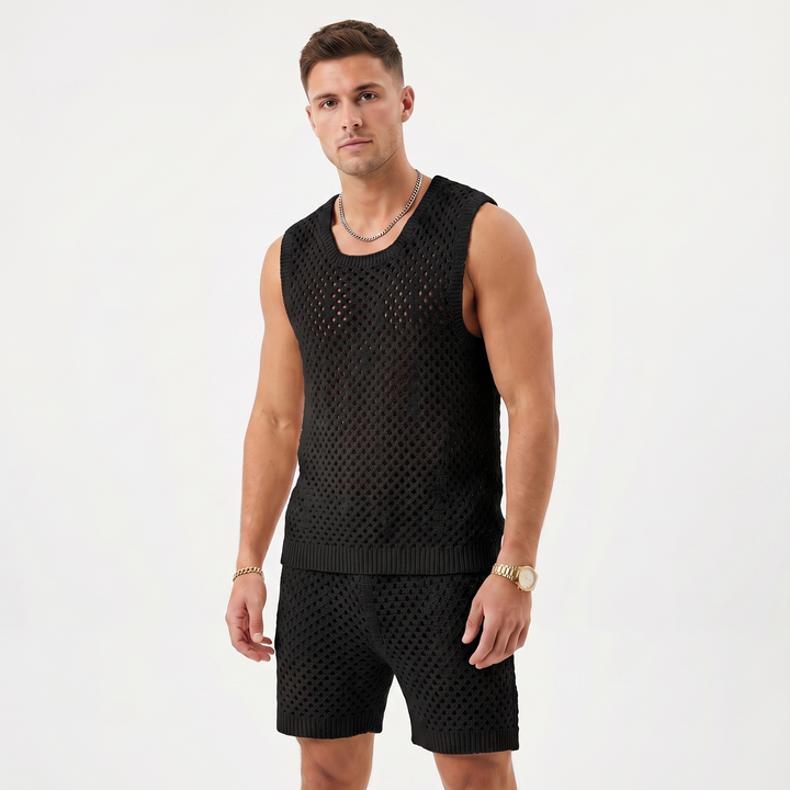 Men's Crochet Co Ord Set - Open Knit Tank Shorts