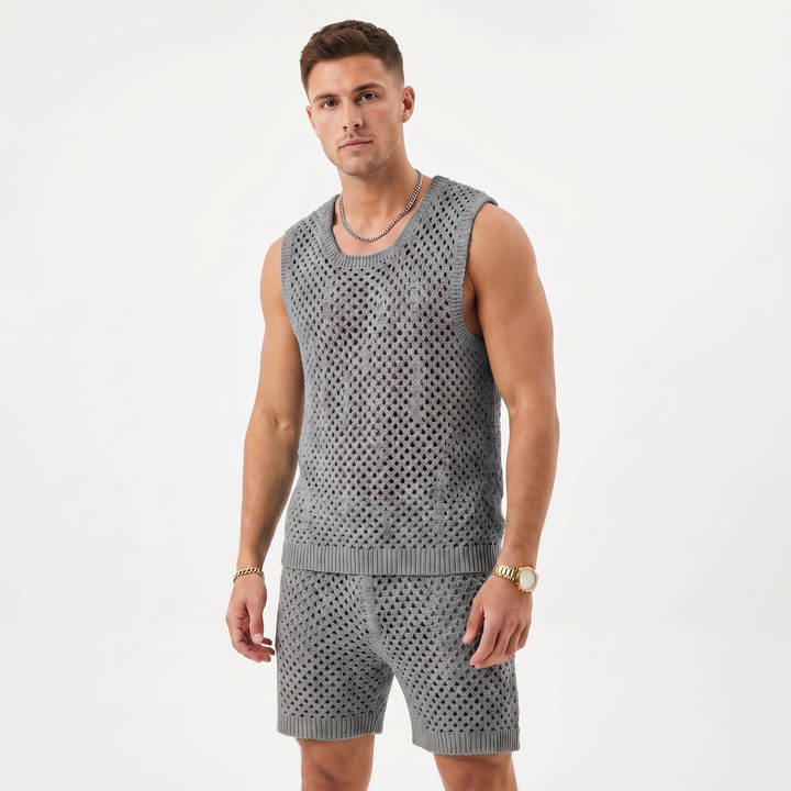 Men's Crochet Co Ord Set - Open Knit Tank Shorts