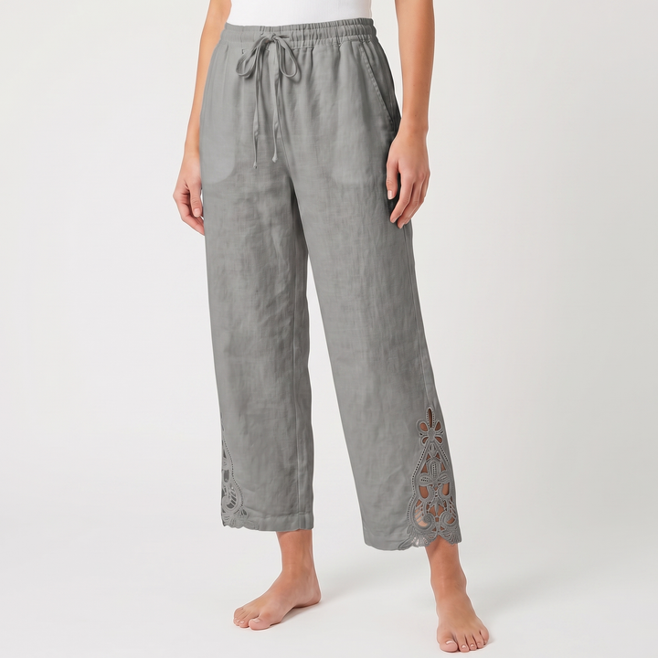 Linen Pants - Wide Leg Lace Trim Drawstring