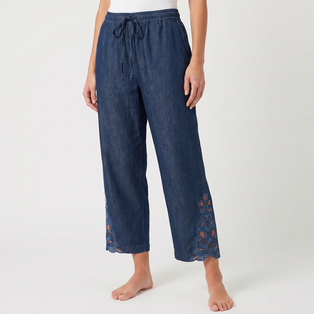 Linen Pants - Wide Leg Lace Trim Drawstring