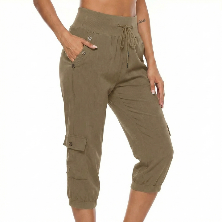 Cargo Capri Pants - High Waist Drawstring Pockets