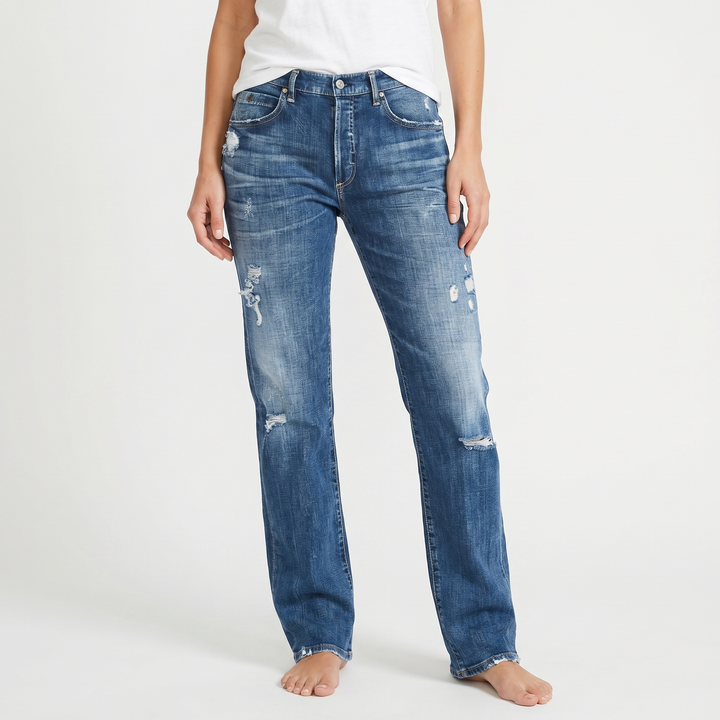 Distressed Jeans - Mid Rise Straight Leg Faded