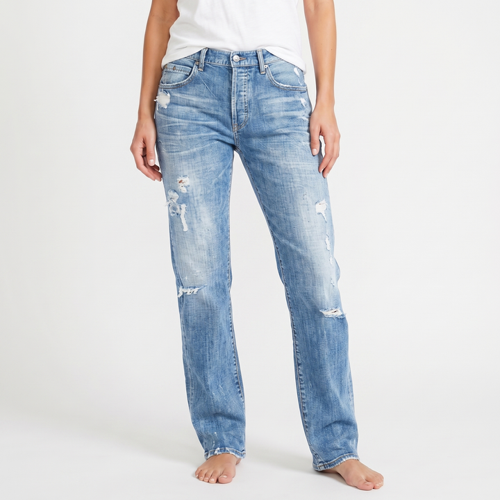 Distressed Jeans - Mid Rise Straight Leg Faded