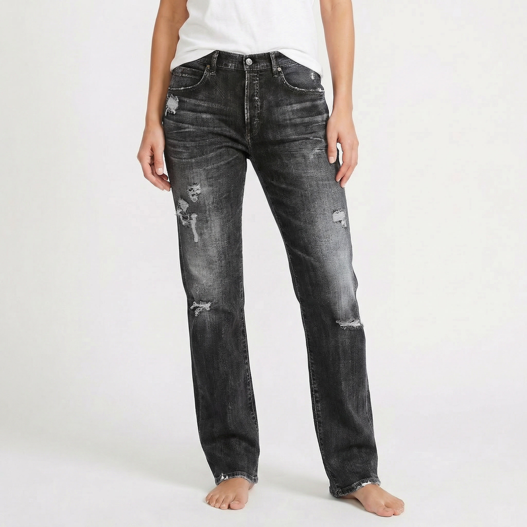 Distressed Jeans - Mid Rise Straight Leg Faded