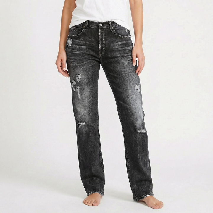 Distressed Jeans - Mid Rise Straight Leg Faded