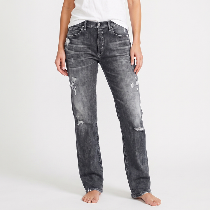 Distressed Jeans - Mid Rise Straight Leg Faded