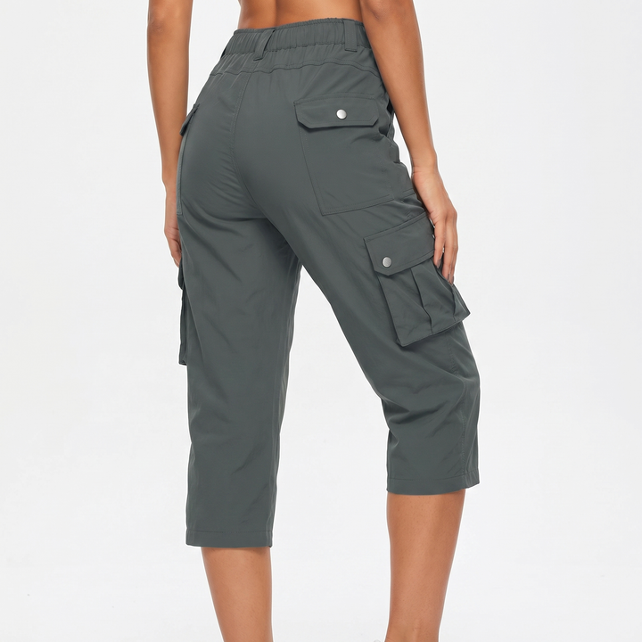 Cargo Capri Pants - Elastic Waist Snap Pocket