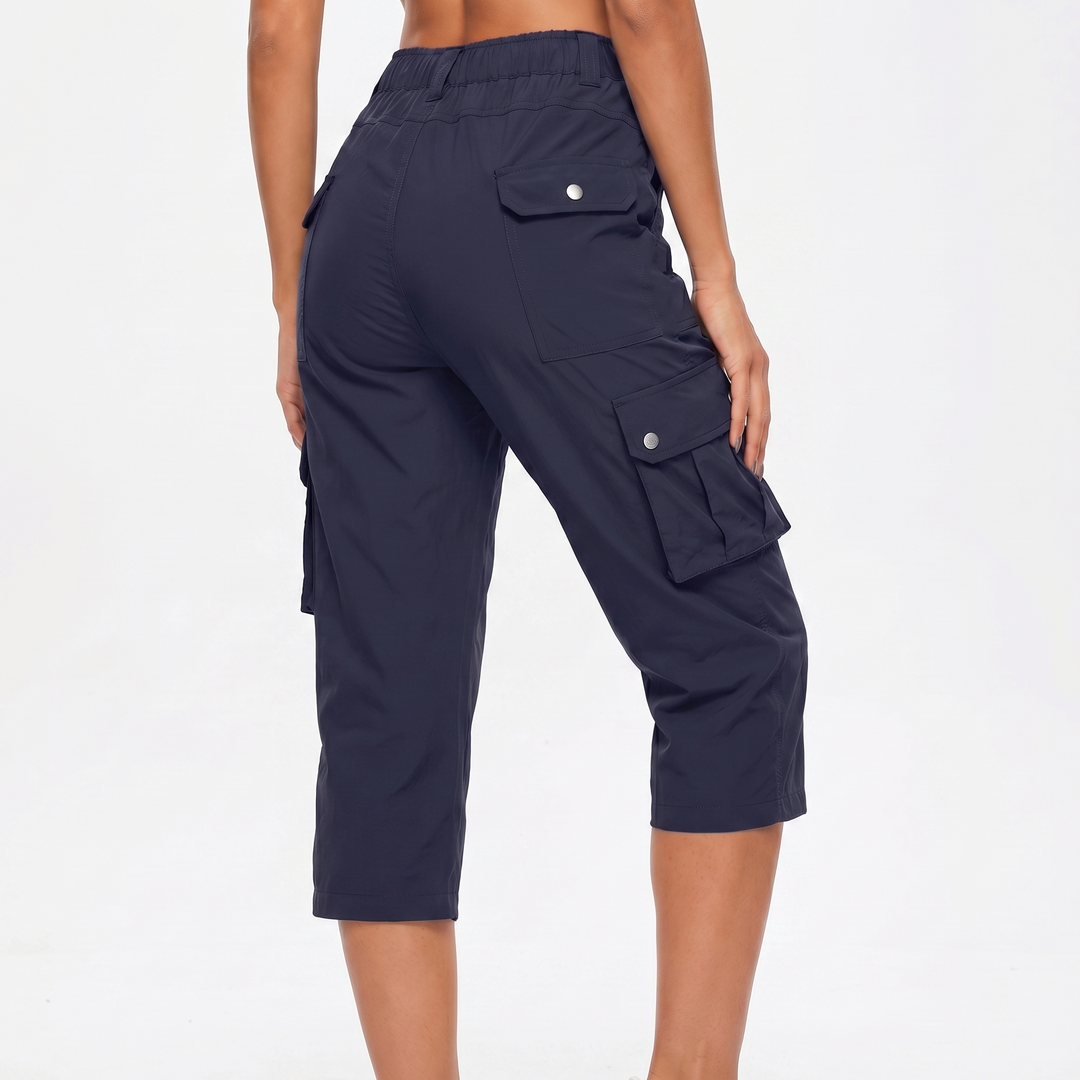 Cargo Capri Pants - Elastic Waist Snap Pocket