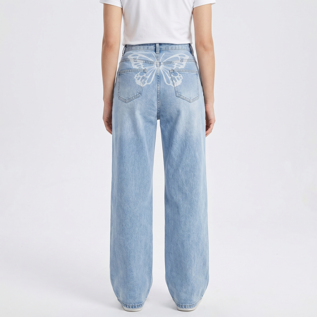 Butterfly Print Wide Leg Jeans - High Waisted Baggy Denim Pants