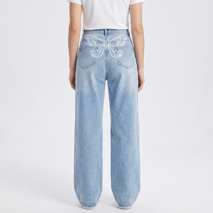 Butterfly Print Wide Leg Jeans - High Waisted Baggy Denim Pants