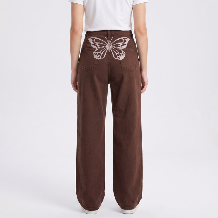 Butterfly Print Wide Leg Jeans - High Waisted Baggy Denim Pants