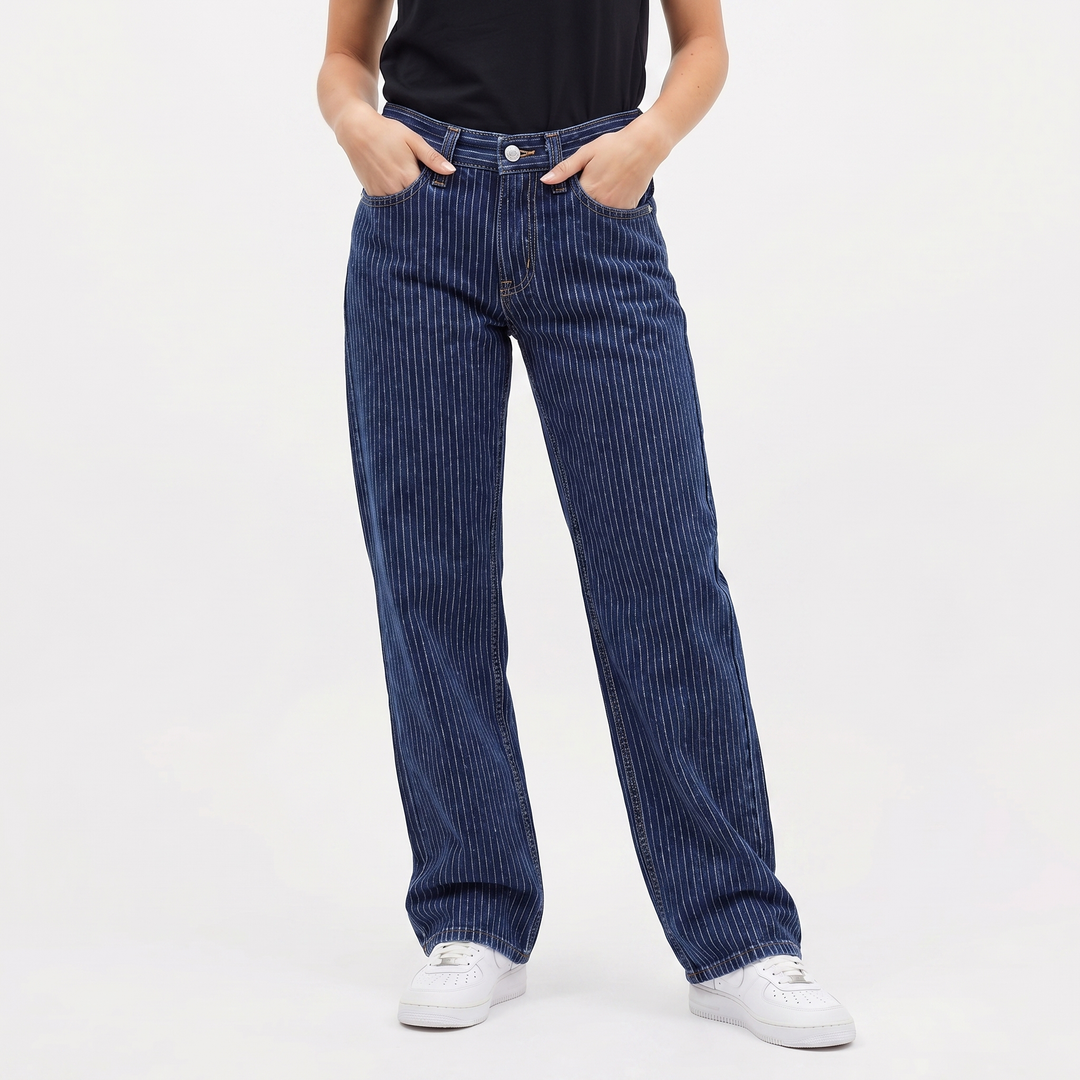 Pinstripe Straight Leg Jeans - High Waisted Relaxed Fit Denim
