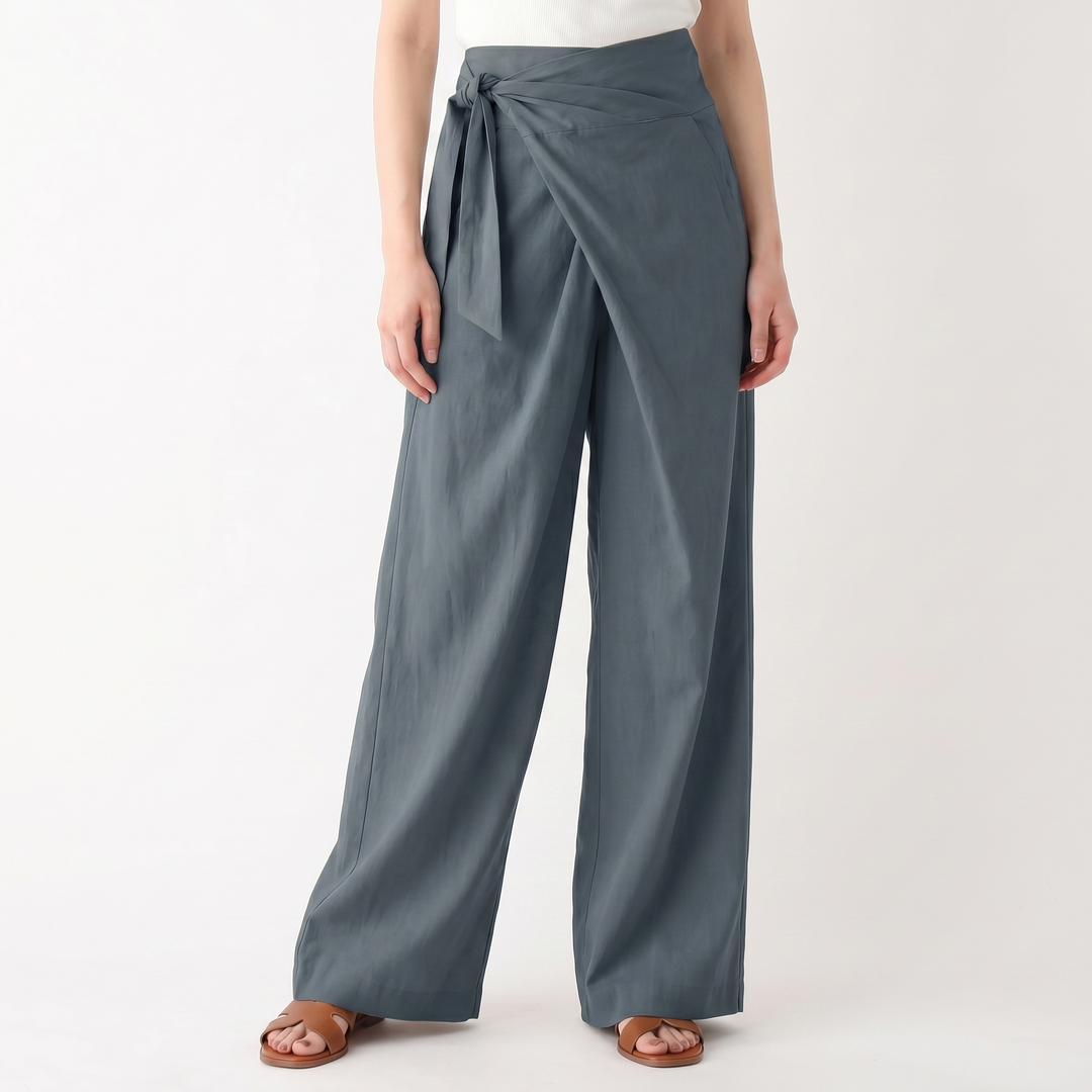 Linen Wrap Pants Women - High Waisted Tie Front Wide Leg