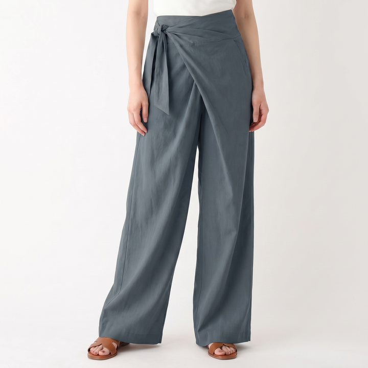 Linen Wrap Pants Women - High Waisted Tie Front Wide Leg