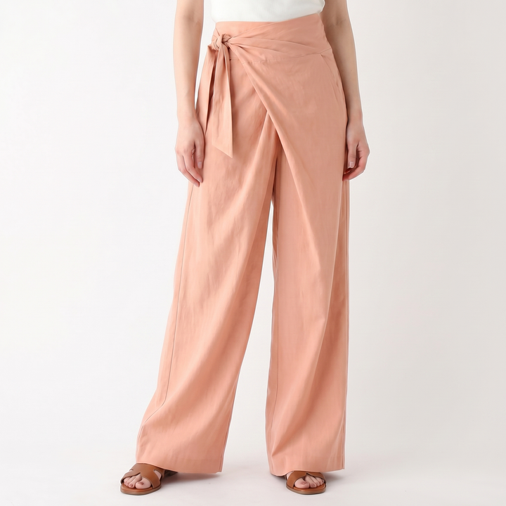 Linen Wrap Pants Women - High Waisted Tie Front Wide Leg