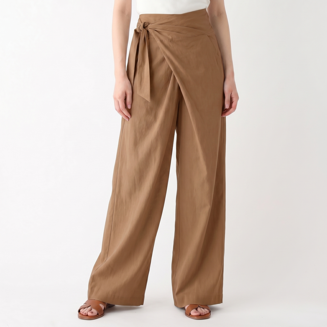 Linen Wrap Pants Women - High Waisted Tie Front Wide Leg