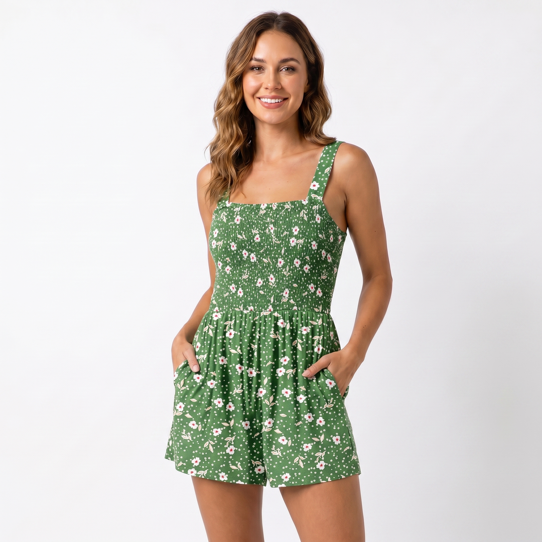 Floral Romper Women - Smocked Square Neck Summer Playsuit