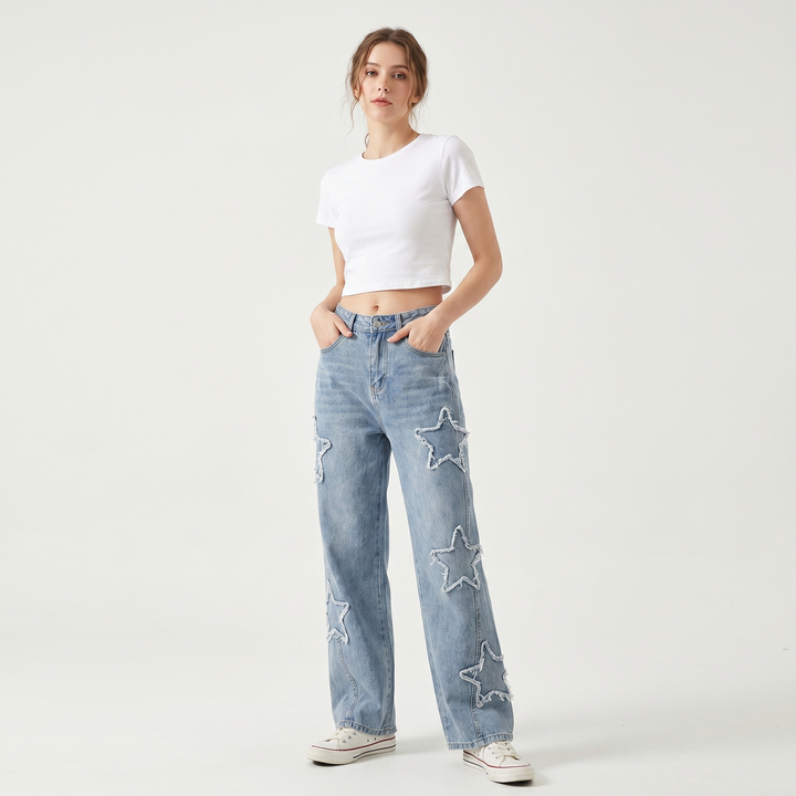 Star Patch Wide Leg Jeans - High Waisted Baggy Denim Pants